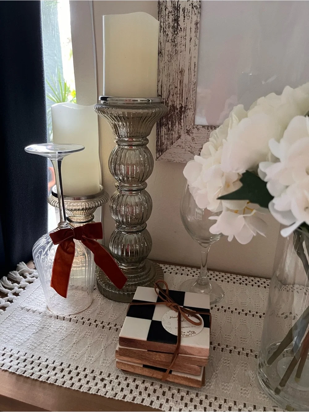 Checkerboard Coaster Set with Brown Trim - White & Black
